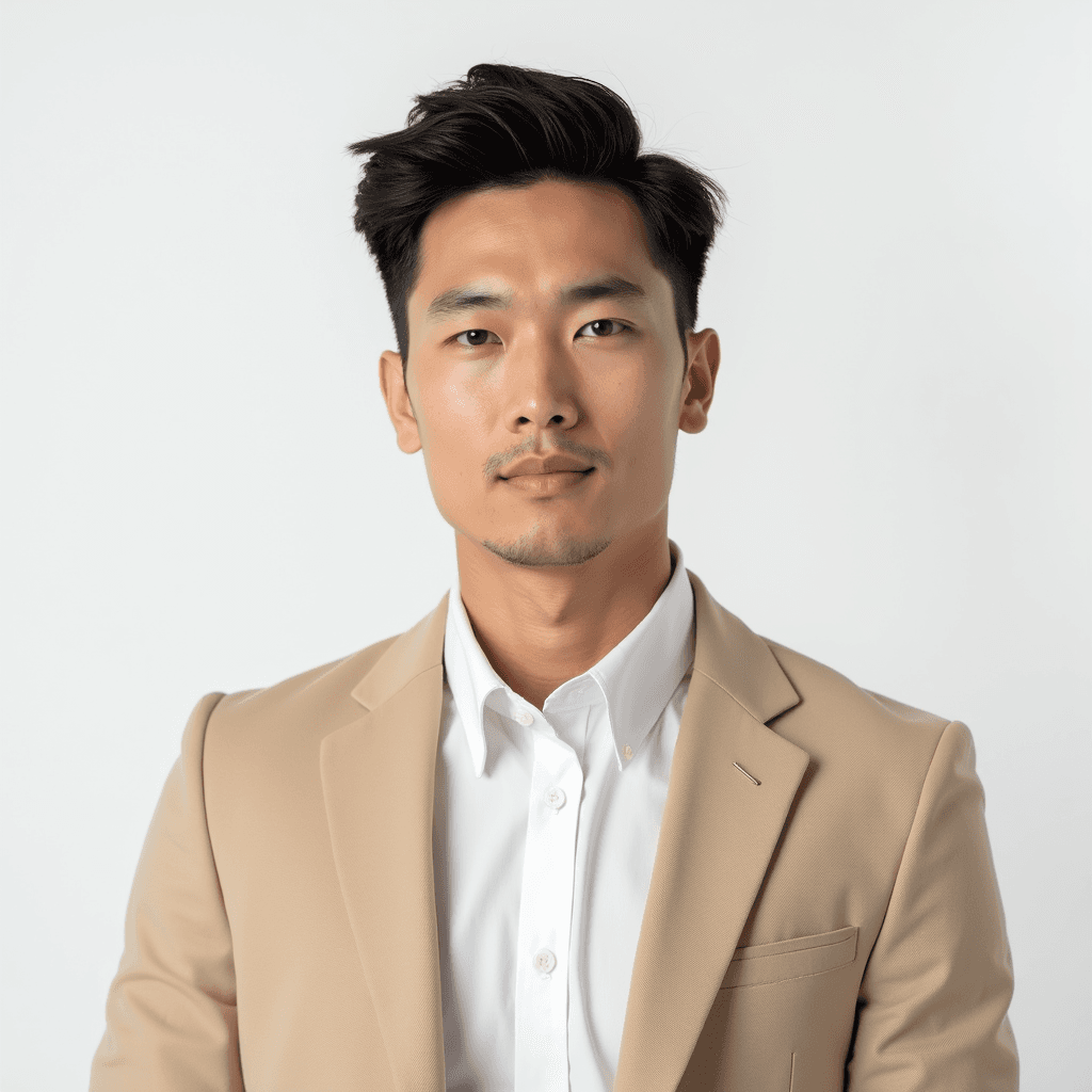 Male professional AI headshot wearing beige tailored blazer with white dress shirt
