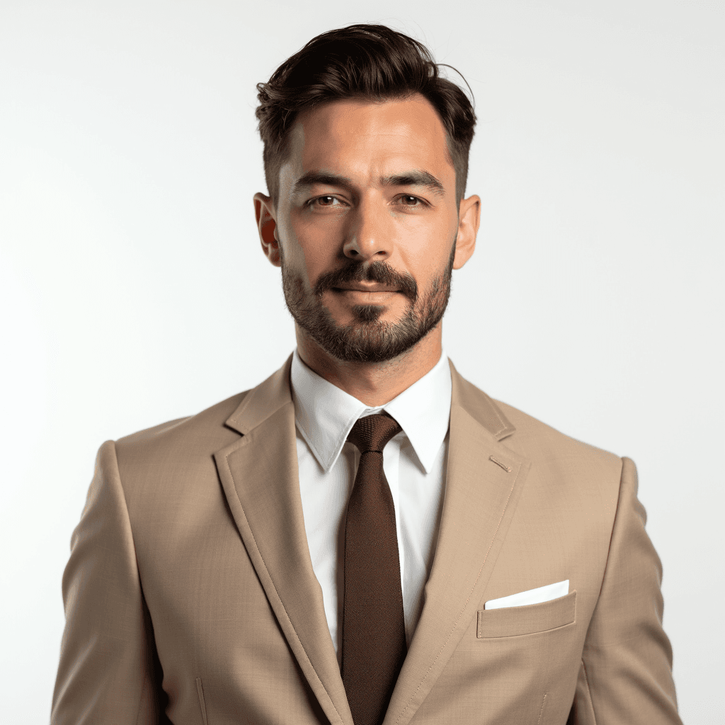 Male professional AI headshot wearing beige tailored suit with white dress shirt and brown tie