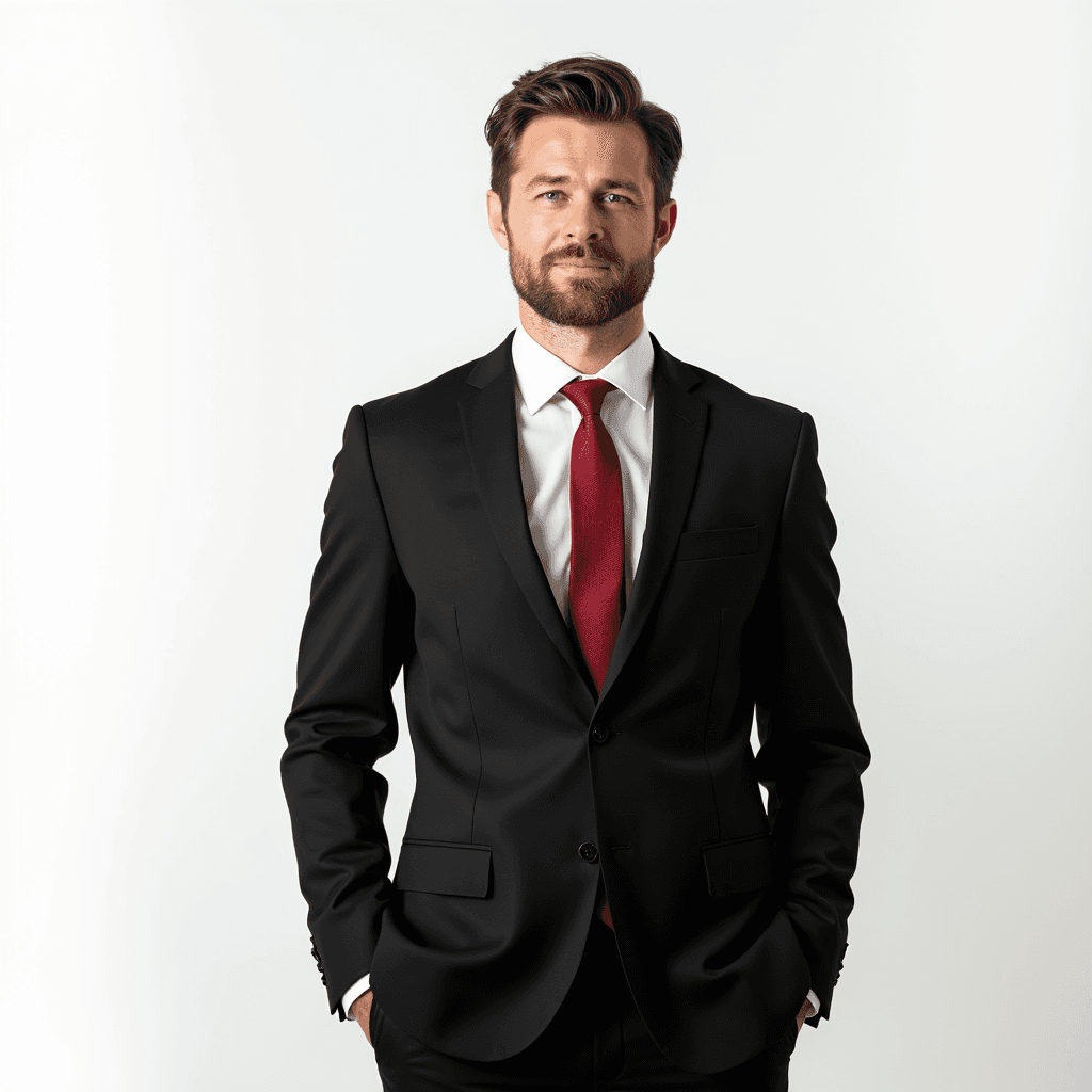 Male professional AI headshot wearing black business suit with white dress shirt and red tie