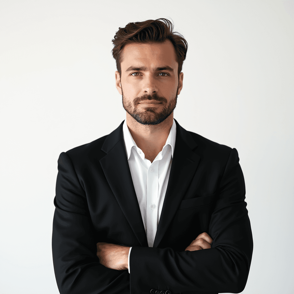 Male professional AI headshot wearing black tailored blazer over white dress shirt