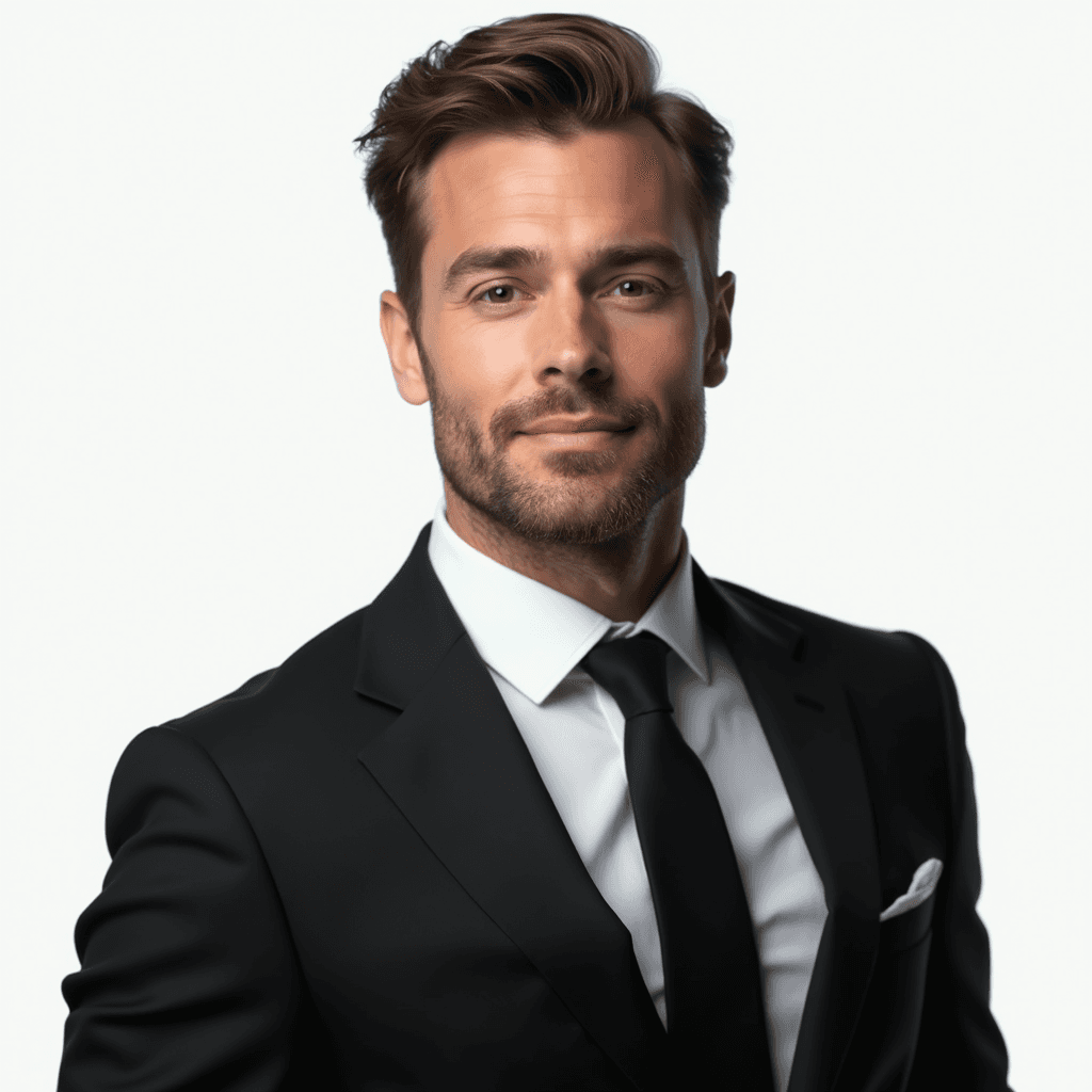 Male professional AI headshot wearing black tailored suit with white dress shirt and black tie