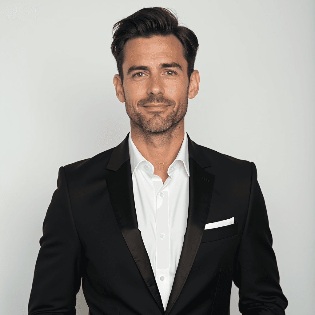 Male professional AI headshot wearing black tuxedo jacket with white dress shirt
