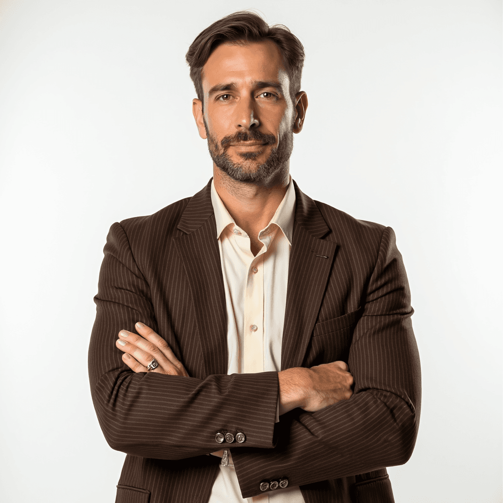 Male professional AI headshot wearing brown pinstripe blazer over cream dress shirt