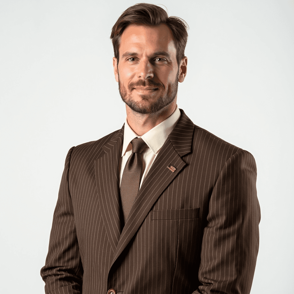 Male professional AI headshot wearing brown pinstripe suit with cream dress shirt and brown tie