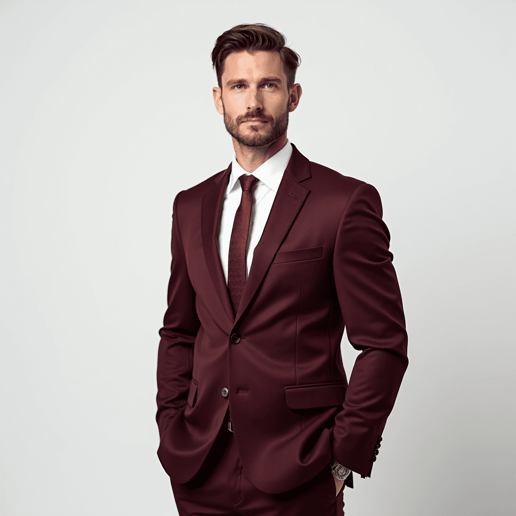 Male professional AI headshot wearing burgundy blazer over white dress shirt with burgundy tie
