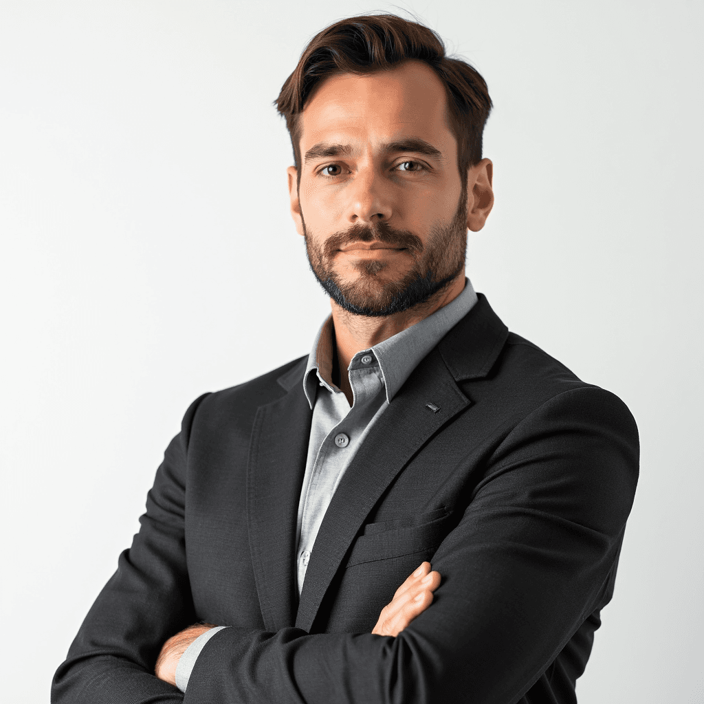 Male professional AI headshot wearing charcoal blazer over light gray dress shirt