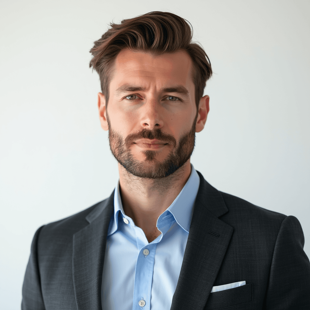 Male professional AI headshot wearing charcoal suit jacket with light blue dress shirt
