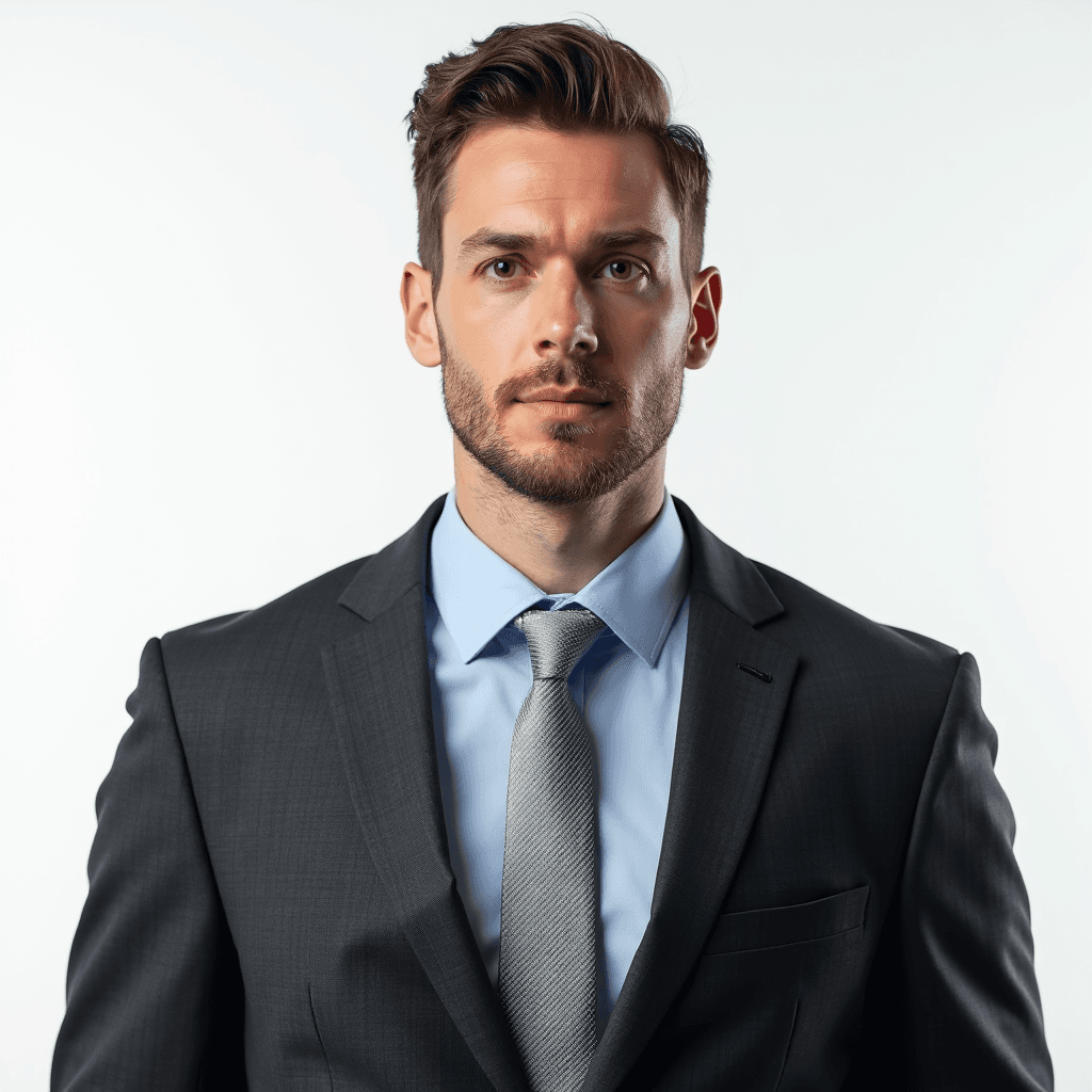 Male professional AI headshot wearing charcoal suit with light blue dress shirt and silver tie