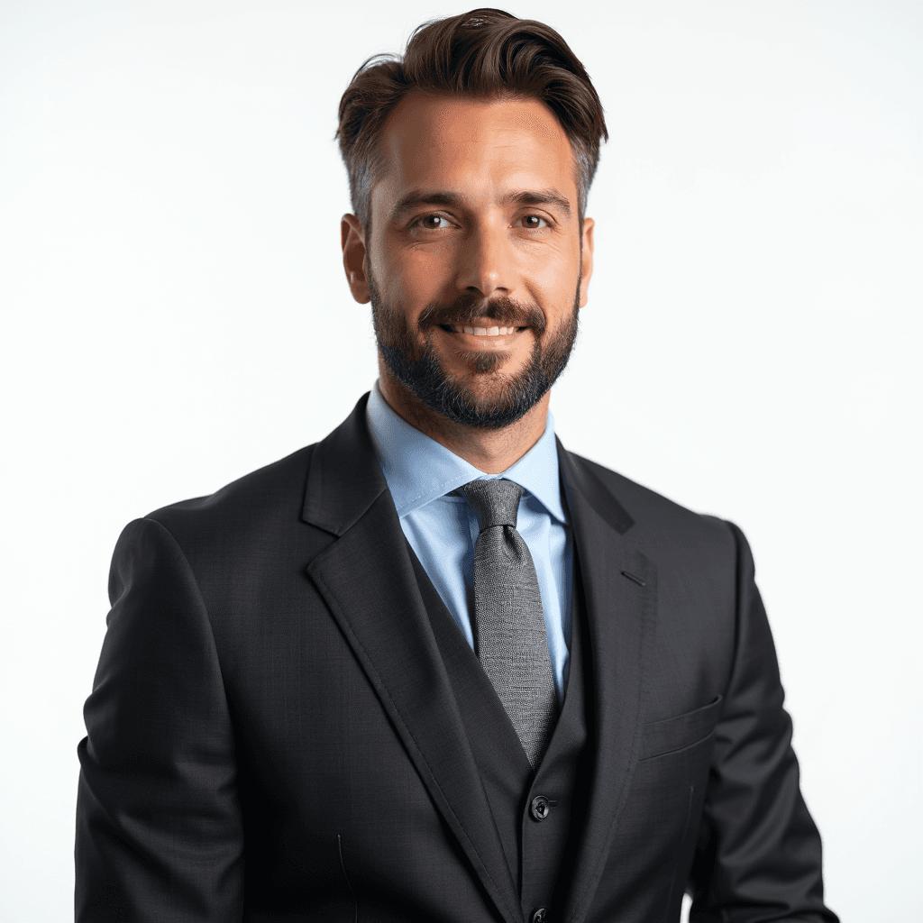 Male professional AI headshot wearing charcoal three-piece suit with light blue dress shirt and gray tie