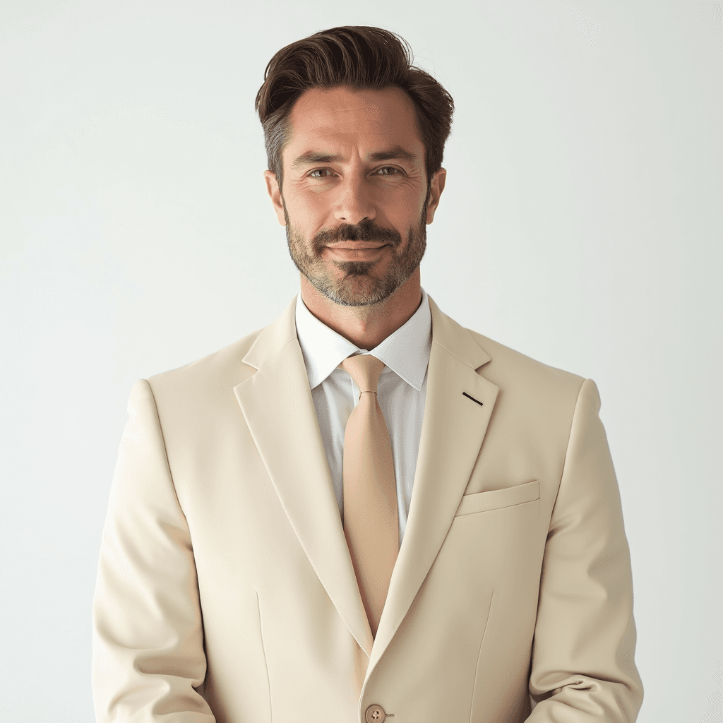 Male professional AI headshot wearing cream blazer with white dress shirt and beige tie