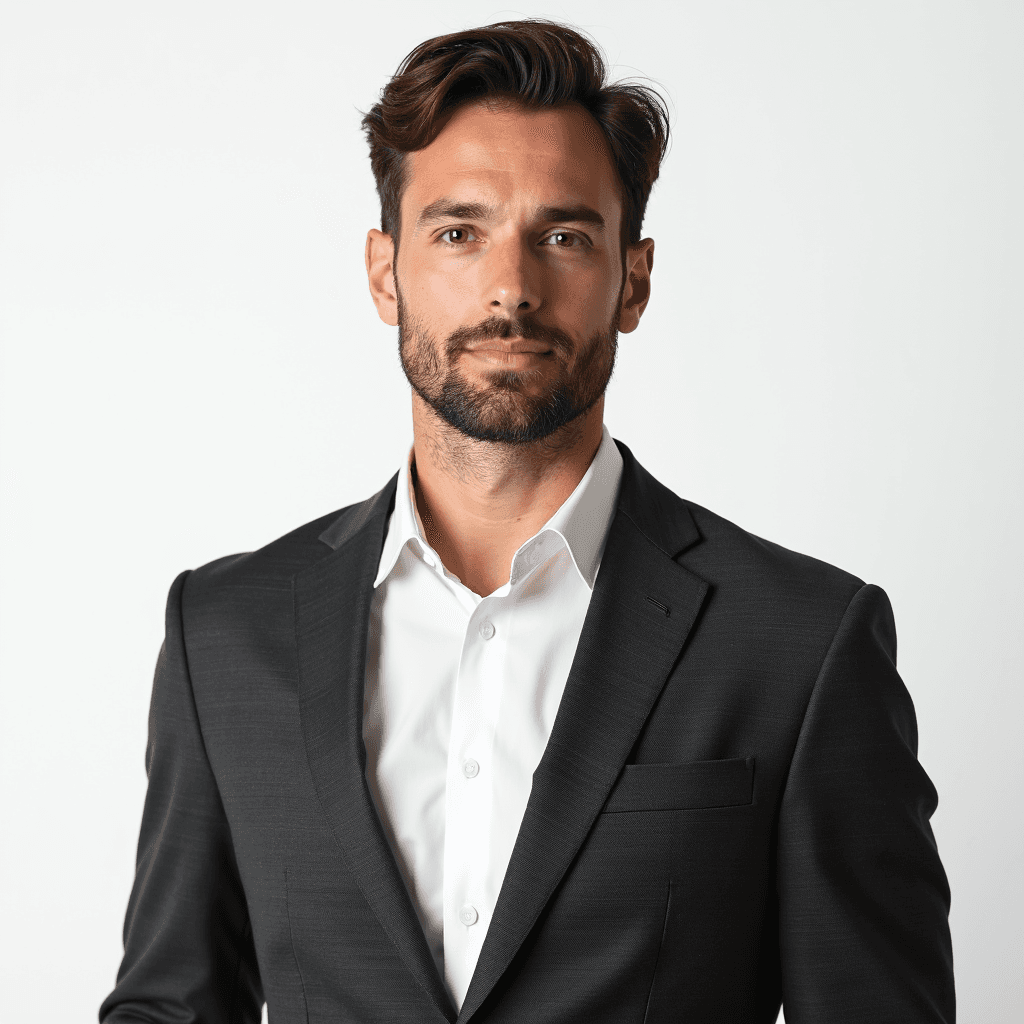 Male professional AI headshot wearing dark gray blazer with crisp white dress shirt