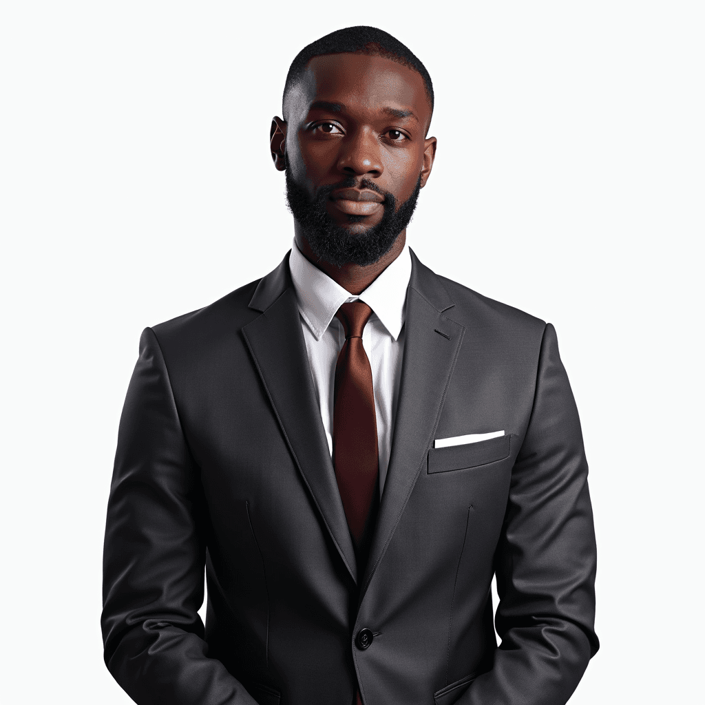 Male professional AI headshot wearing dark gray suit jacket with white dress shirt and burgundy tie