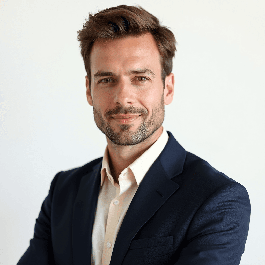 Male professional AI headshot wearing dark navy blazer over ivory dress shirt