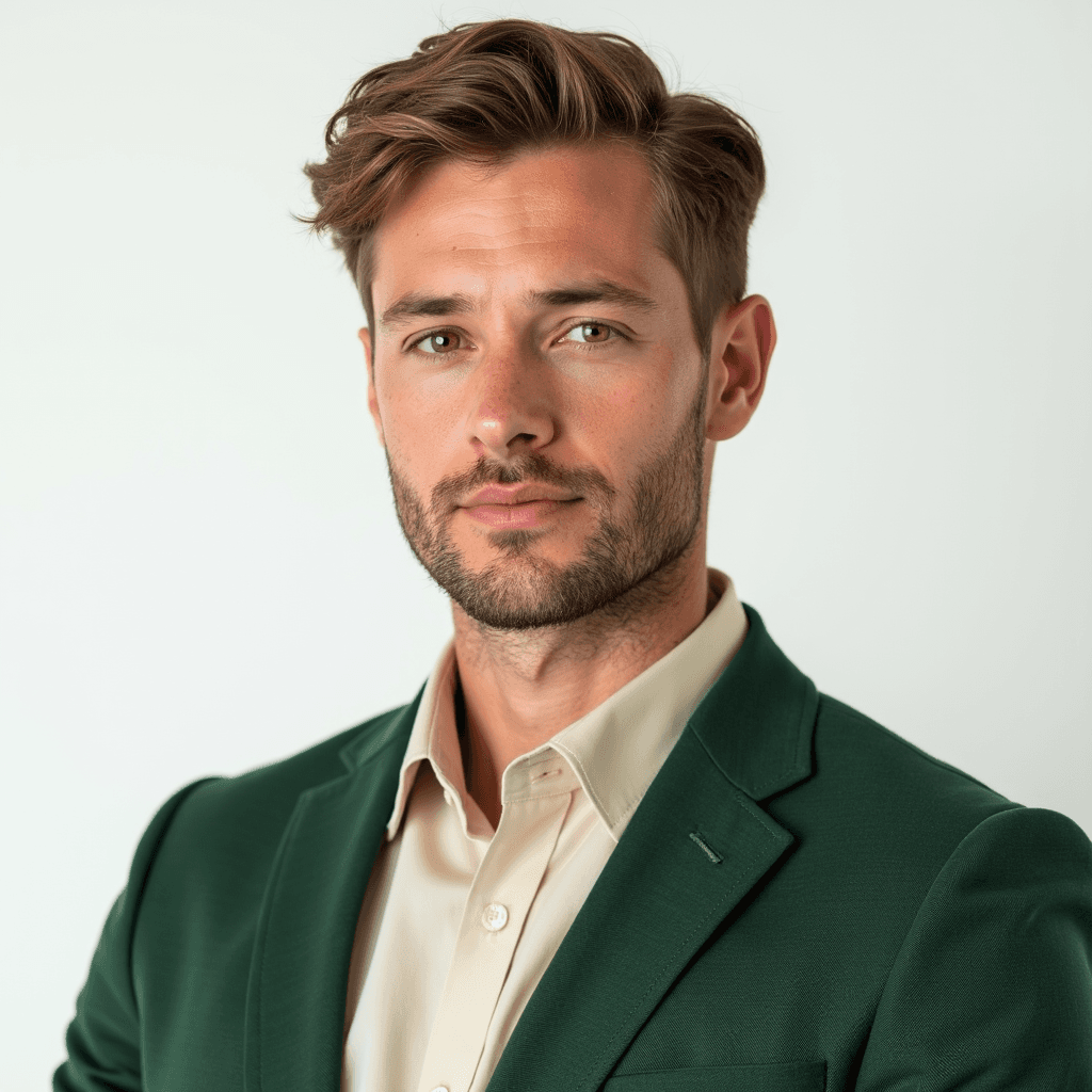 Male professional AI headshot wearing green blazer over ivory dress shirt