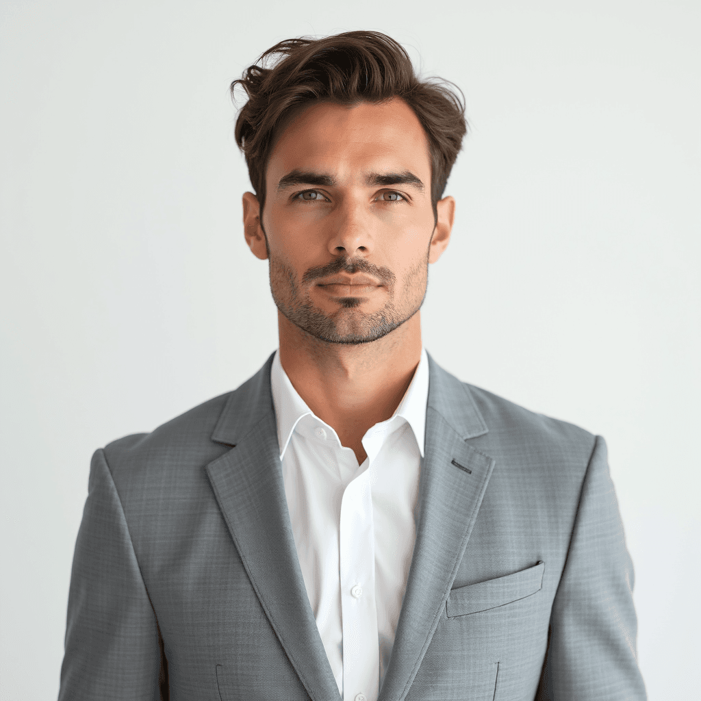 Male professional AI headshot wearing light gray blazer with white dress shirt