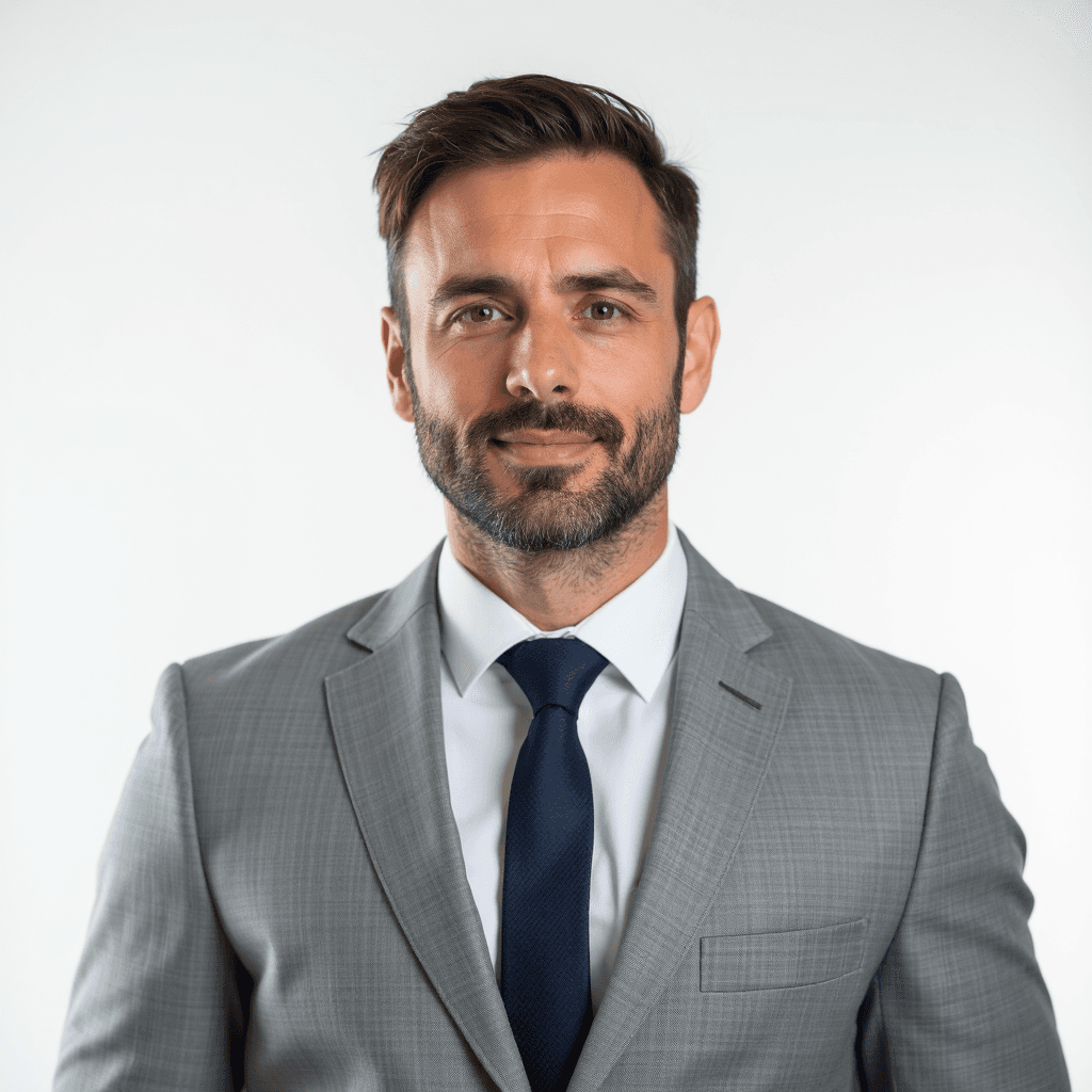 Male professional AI headshot wearing light gray suit with white dress shirt and navy tie