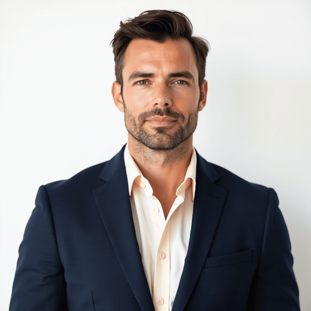 Male professional AI headshot wearing navy blazer over cream dress shirt