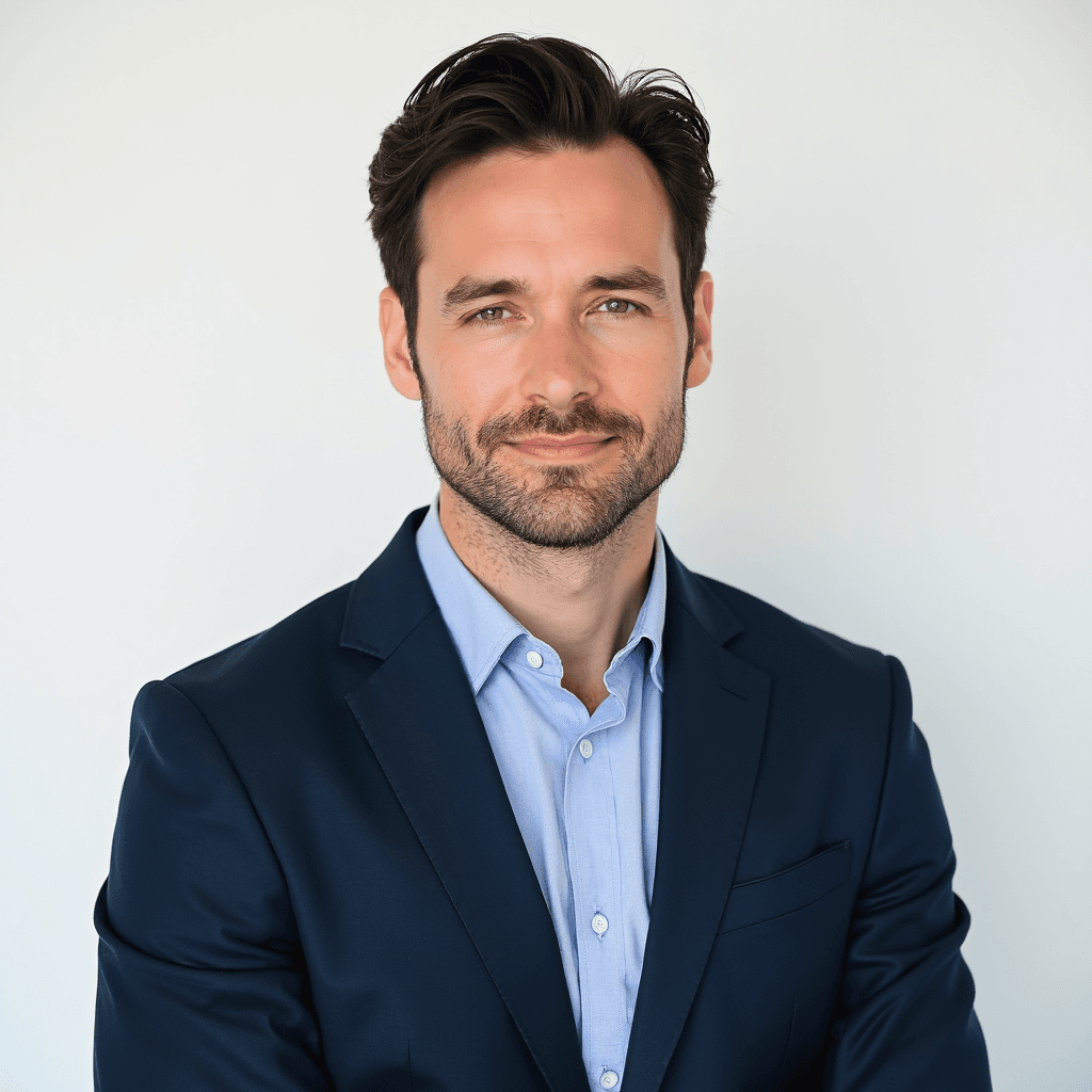 Male professional AI headshot wearing navy blazer over light blue dress shirt