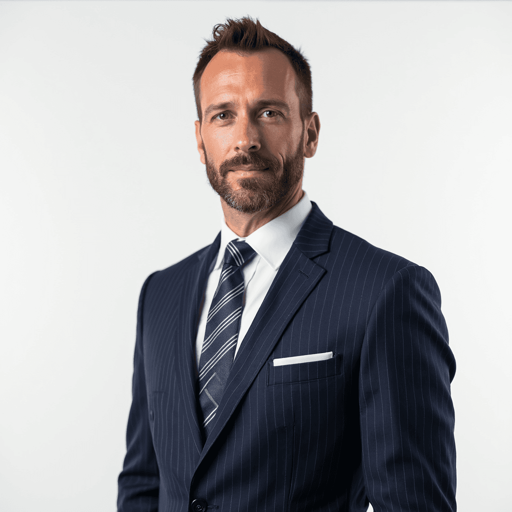Male professional AI headshot wearing navy blue pinstripe suit with white dress shirt and striped tie