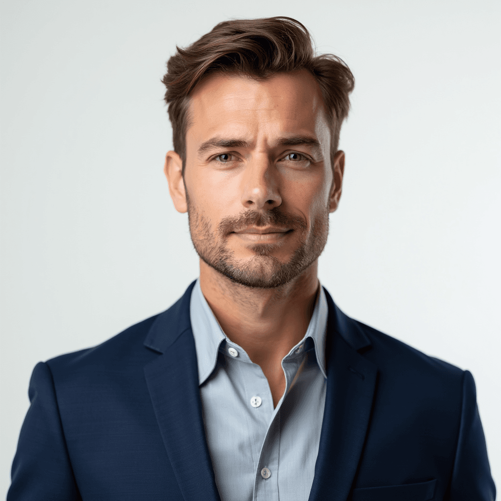 Male professional AI headshot wearing navy blue suit jacket over light gray dress shirt