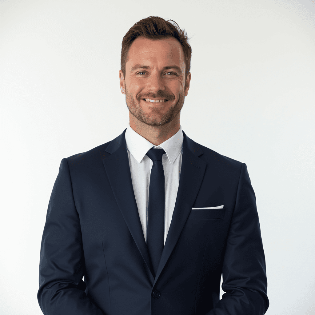 CEO LinkedIn profile photo of a male executive in a navy suit for professional networking