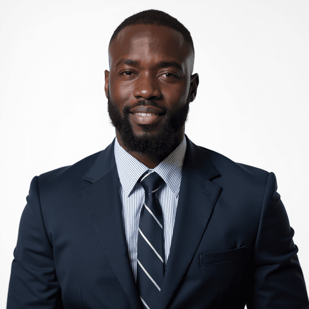 Male professional AI headshot wearing navy tailored blazer with striped dress shirt and tie