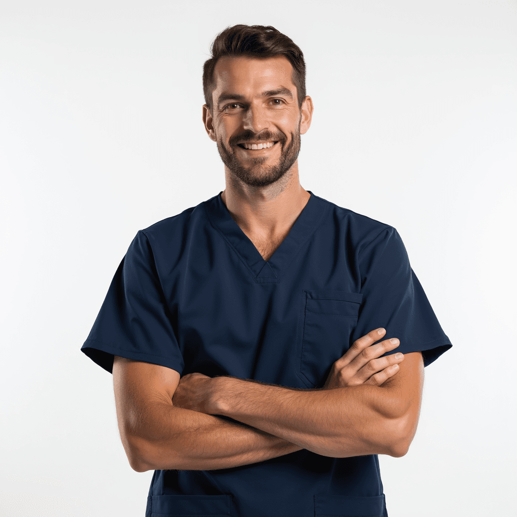 Male professional AI headshot wearing navy scrub top