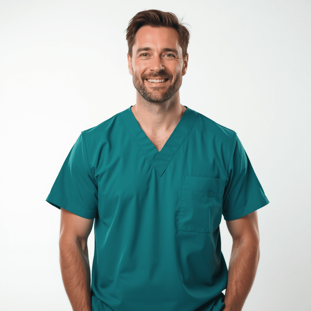 Male professional AI headshot wearing teal scrub top