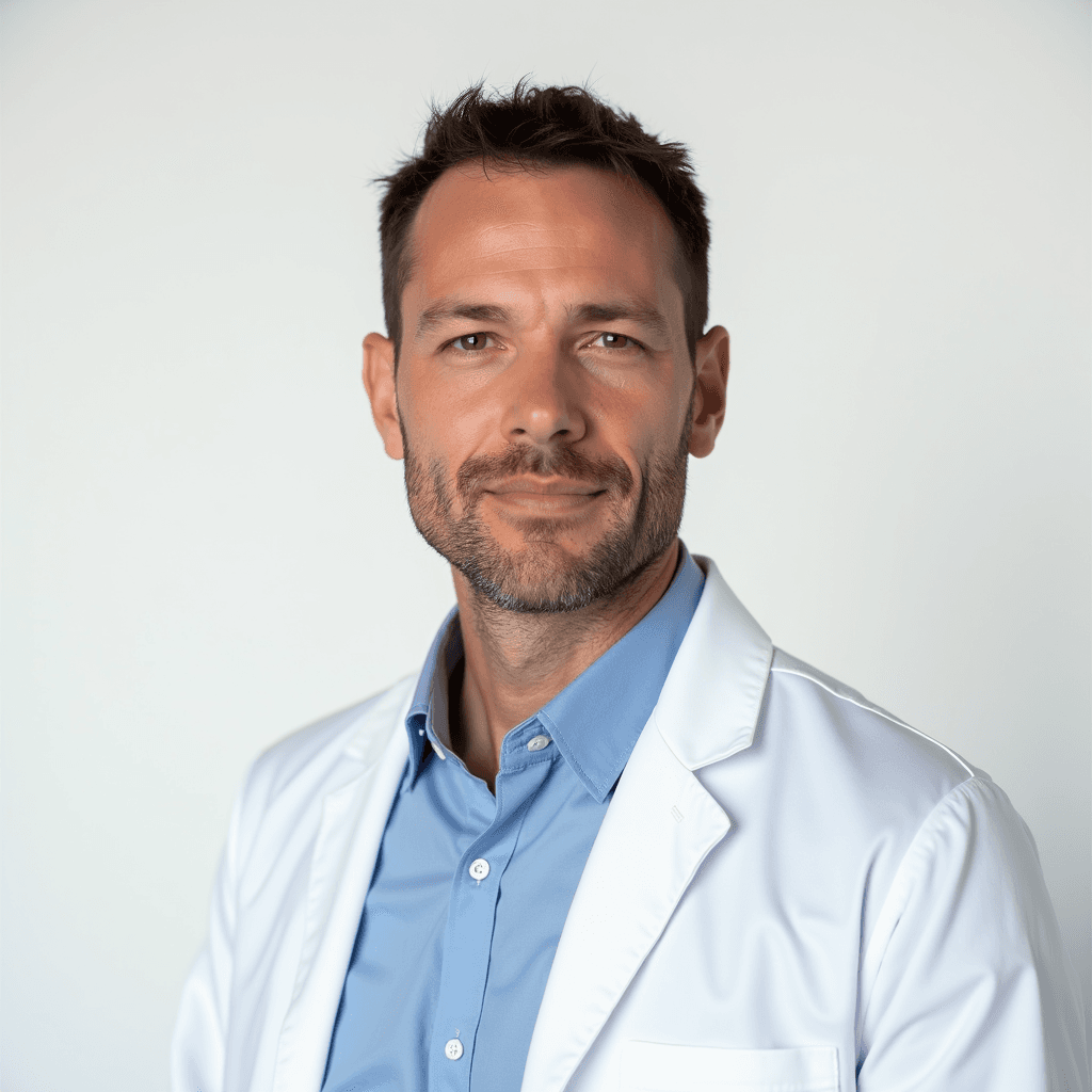 Male professional AI headshot wearing white coat over blue dress shirt