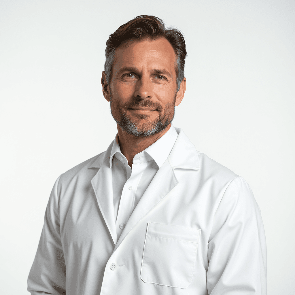 Male professional AI headshot wearing white coat over white dress shirt