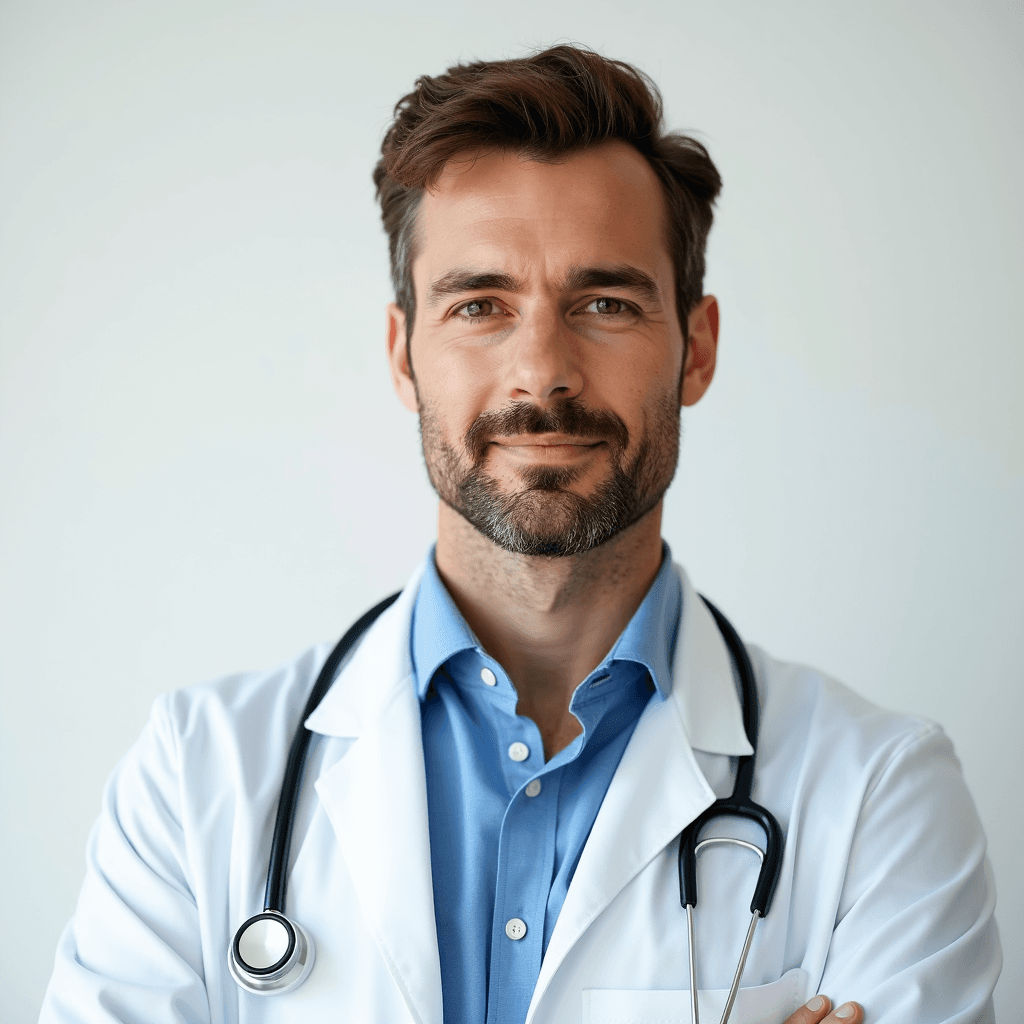 Male professional AI headshot wearing white coat with stethoscope over blue dress shirt