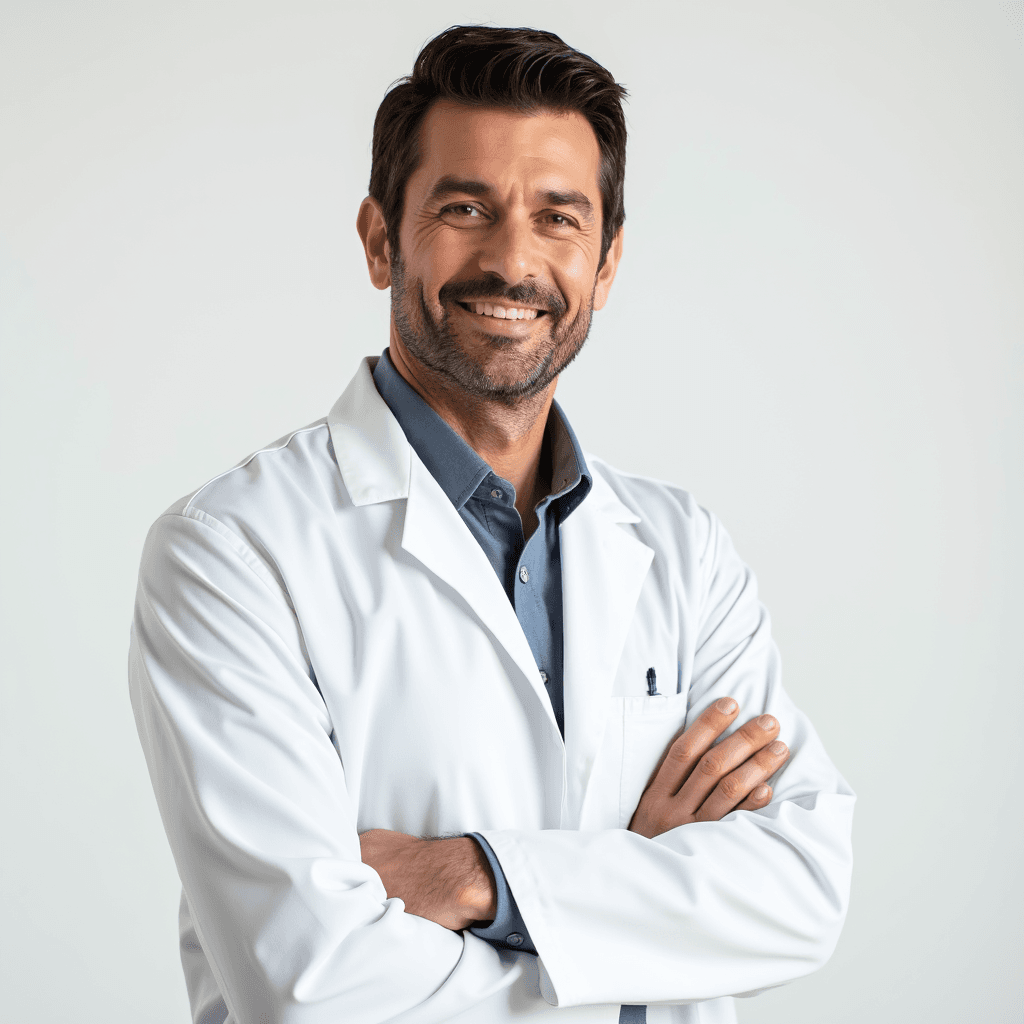 Male professional AI headshot wearing white medical coat over polo dress shirt
