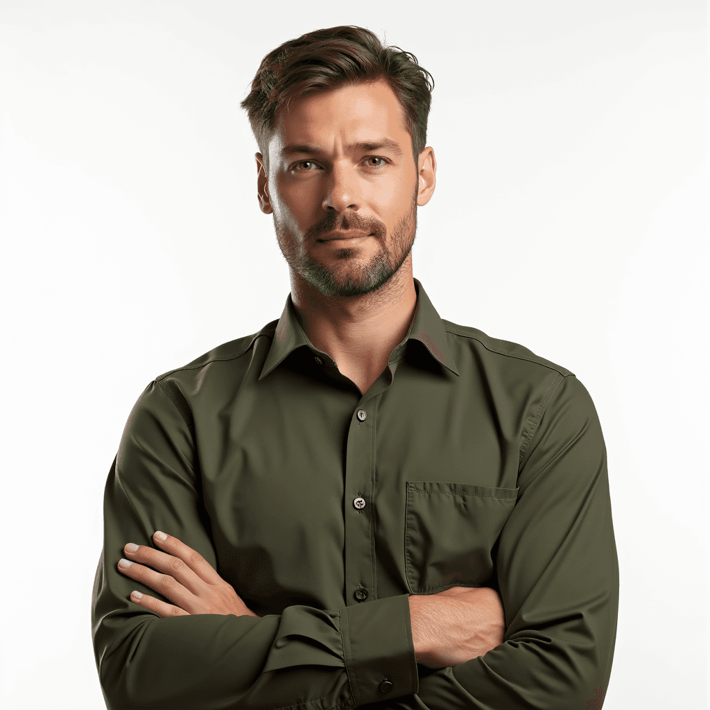Male professional AI headshot wearing army green button-down dress shirt