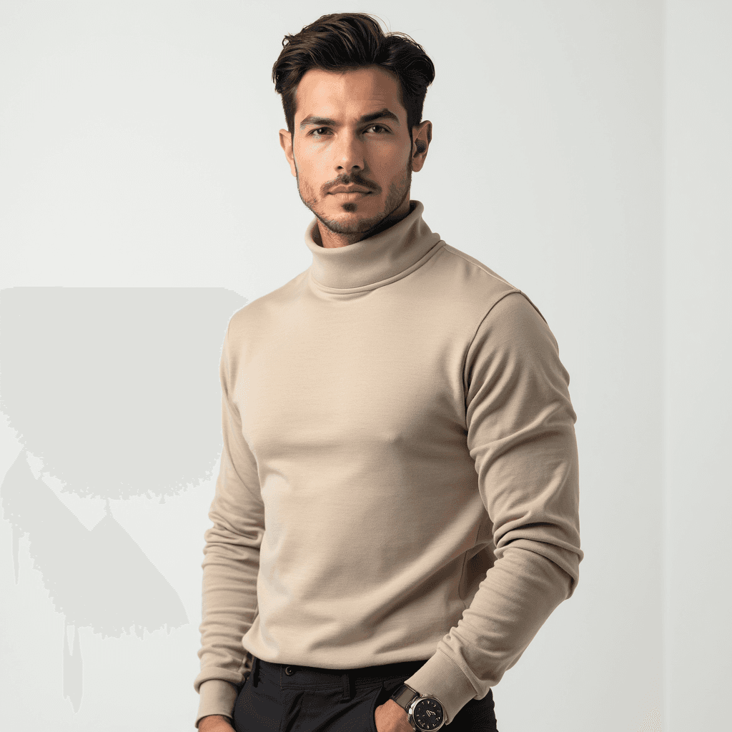 Male professional AI headshot wearing beige long-sleeve turtleneck