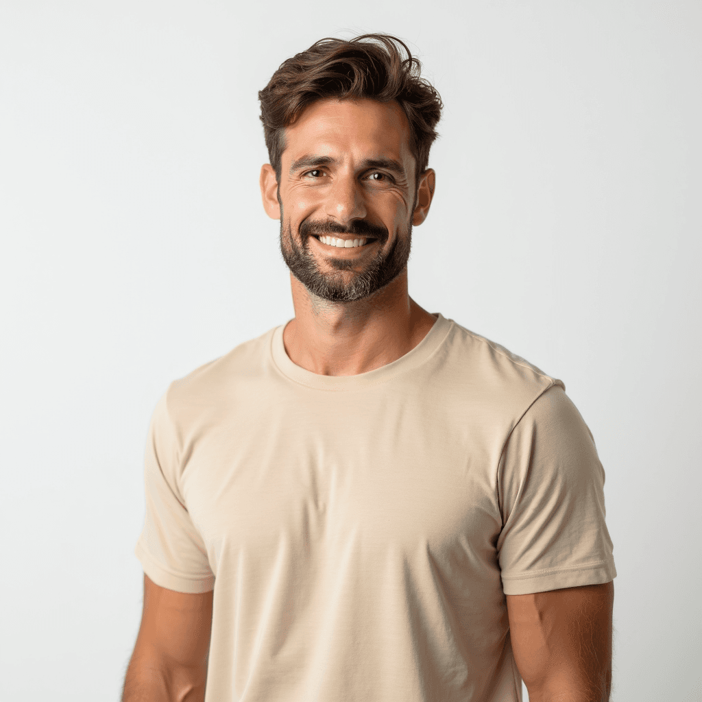 Male professional AI headshot wearing beige t-shirt