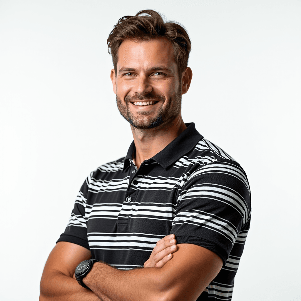 Male professional AI headshot wearing black and white striped polo