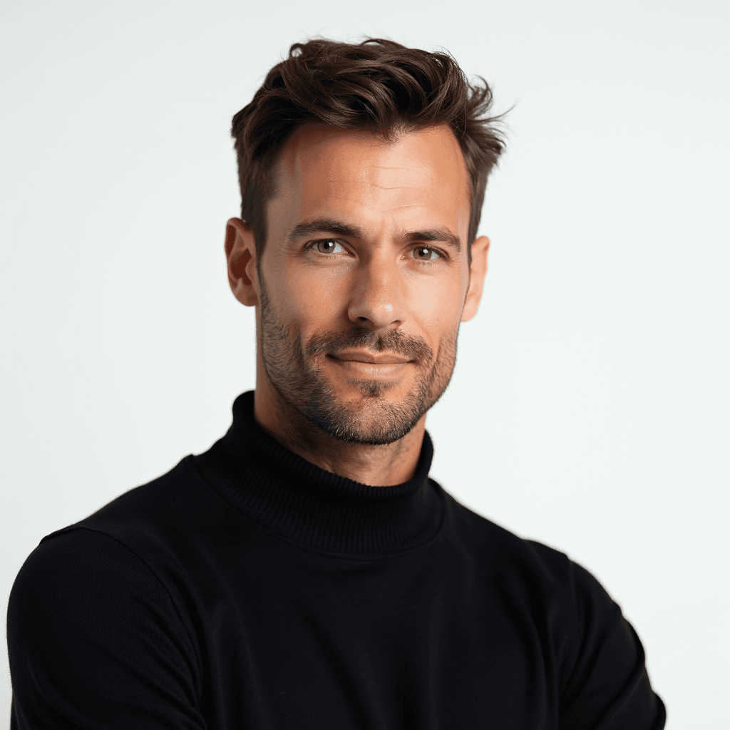 Male professional AI headshot wearing black crew-neck pullover