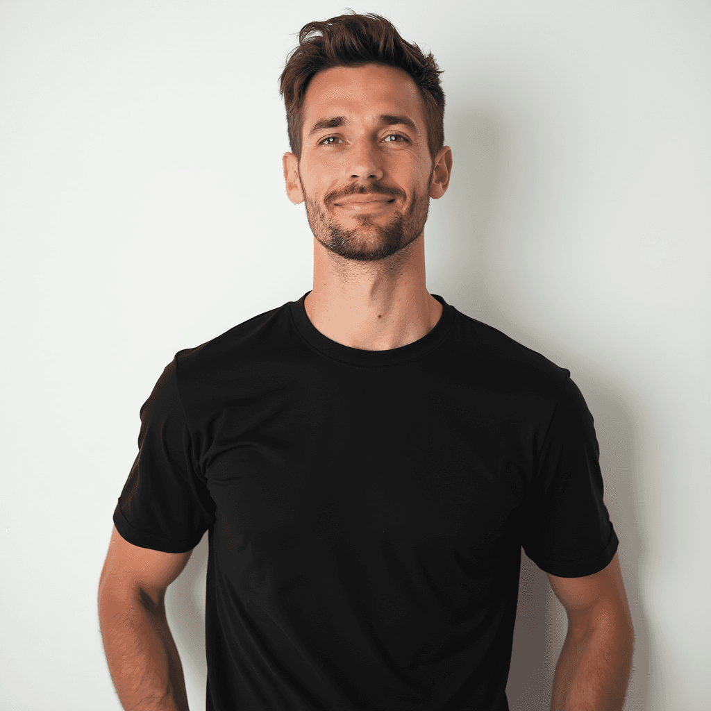 Male professional AI headshot wearing black crewneck t-shirt