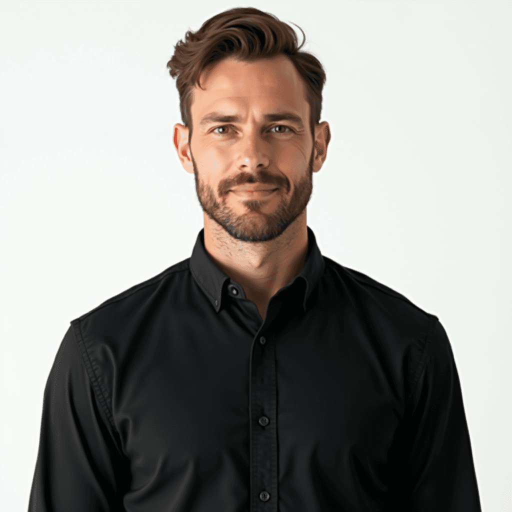 Male professional AI headshot wearing black fitted button-up dress shirt