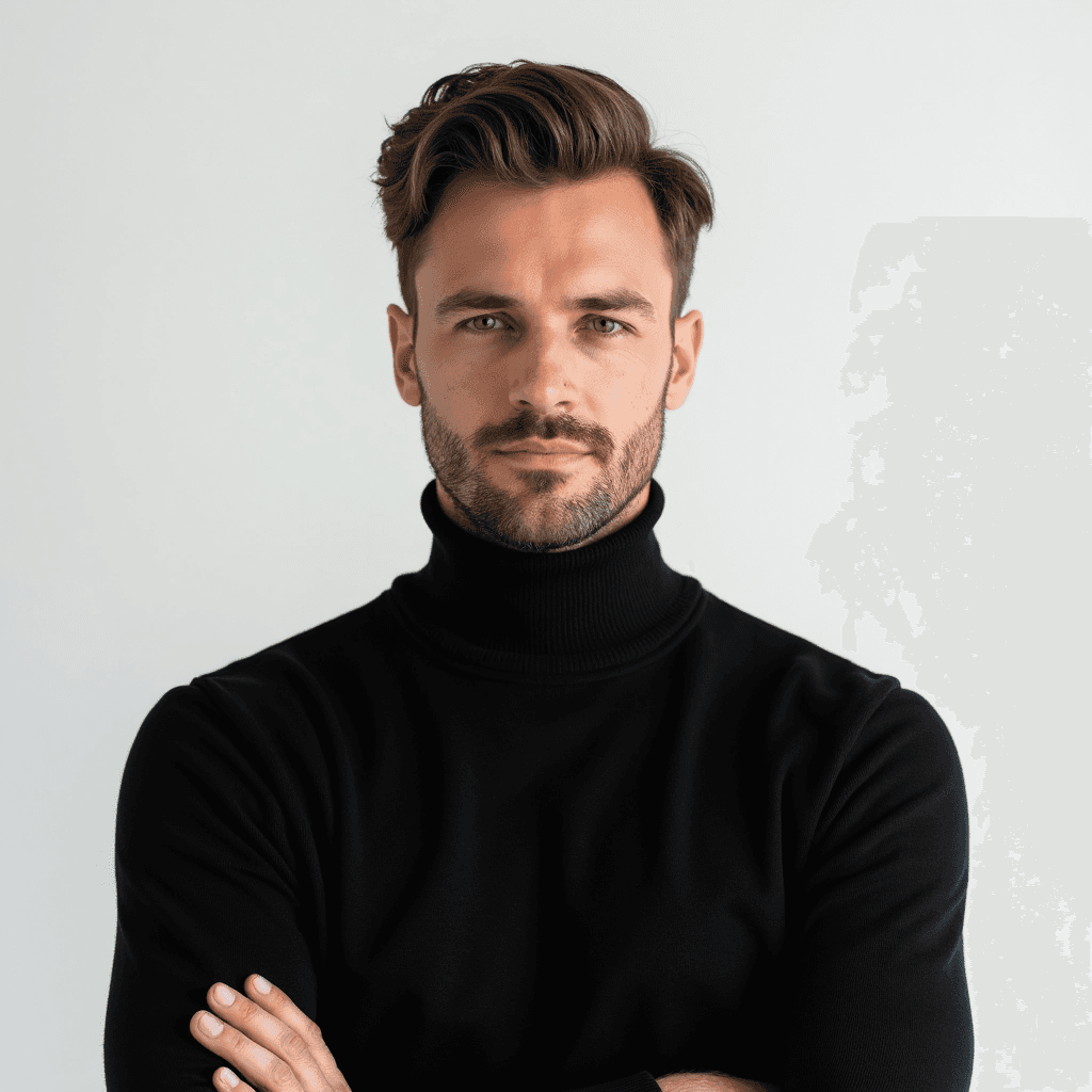 Male professional AI headshot wearing black fitted knit sweater