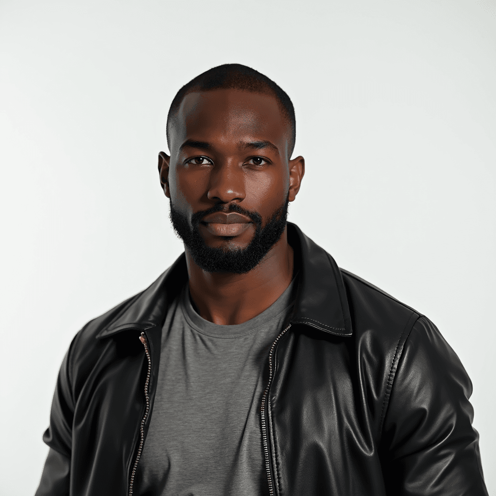 Male professional AI headshot wearing black leather jacket over gray tee