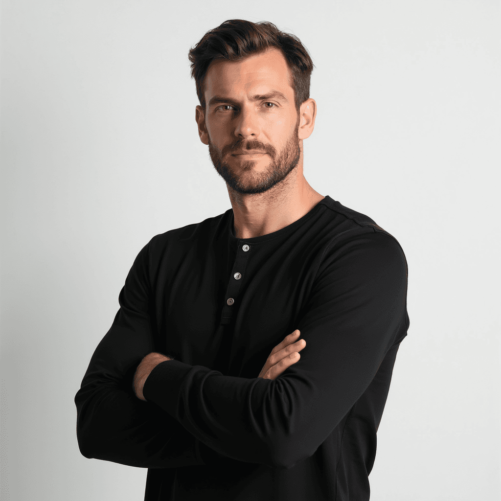 Male professional AI headshot wearing black long-sleeve henley