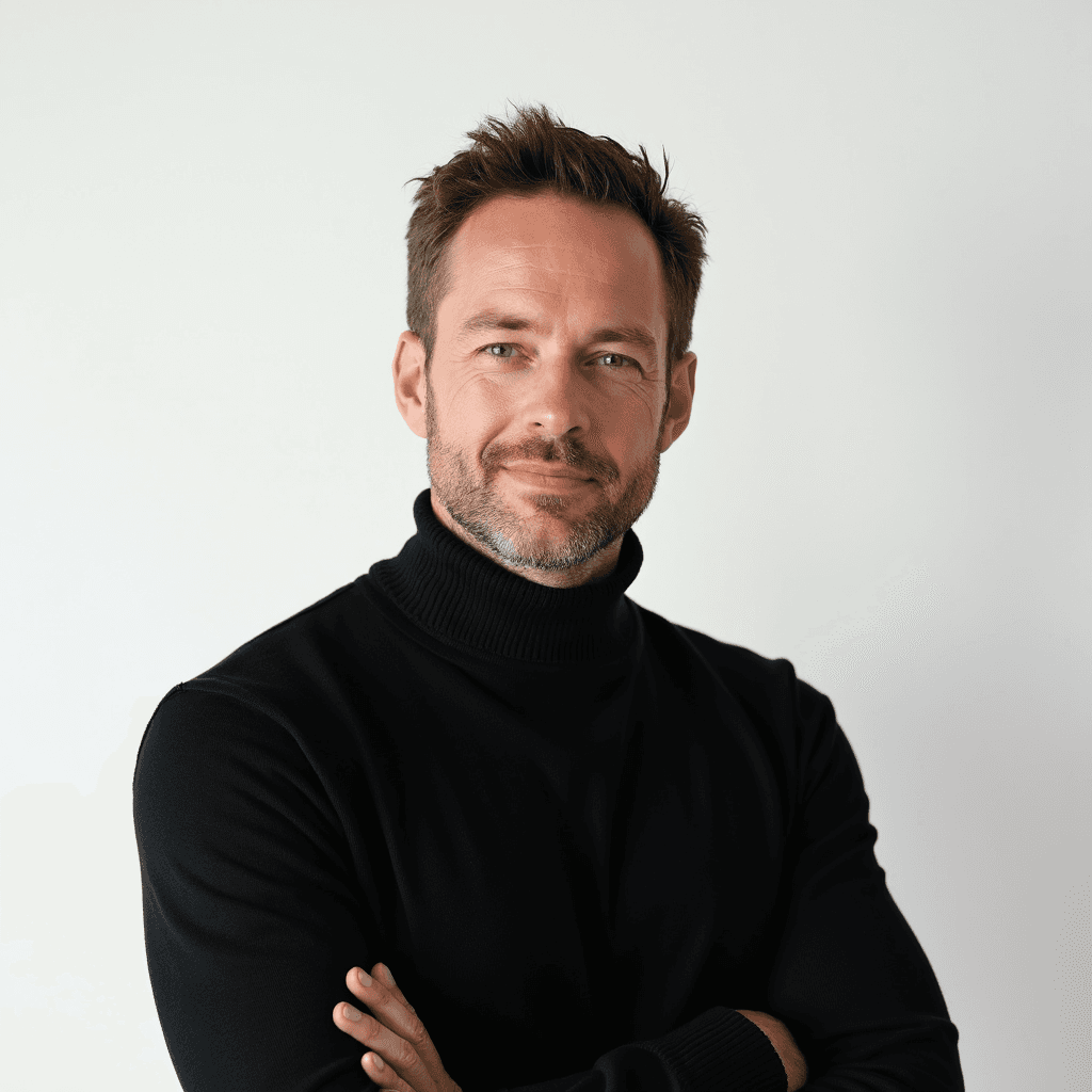 Male professional AI headshot wearing black mock-neck sweater