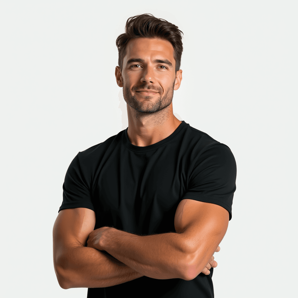 Male professional AI headshot wearing black short-sleeve t-shirt