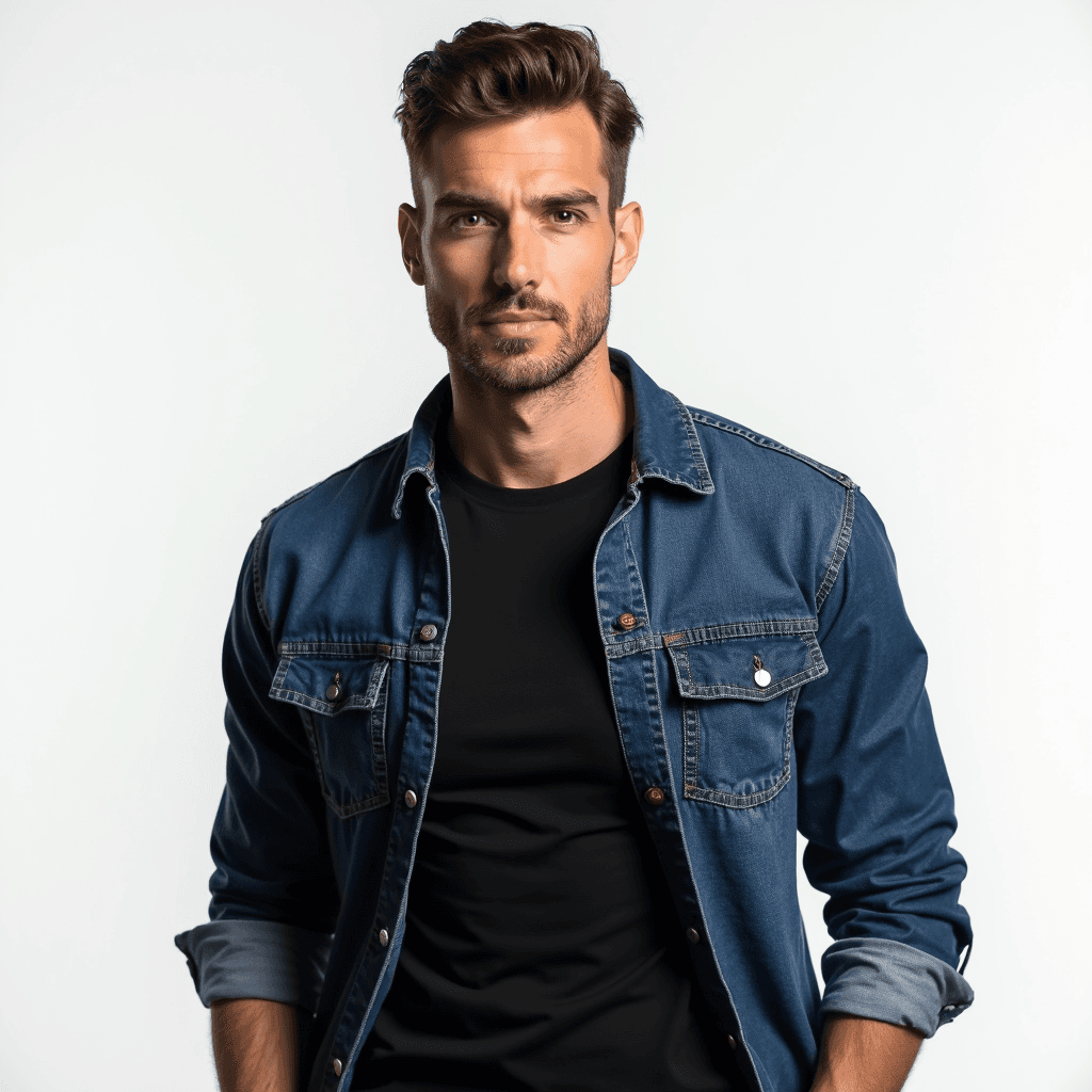 Male professional AI headshot wearing black t-shirt under open denim dress shirt
