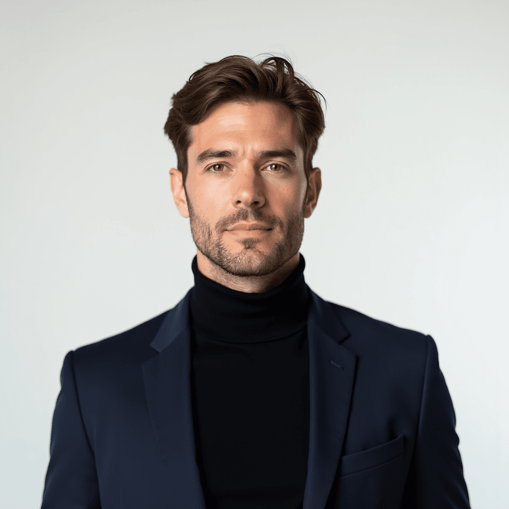 Male professional AI headshot wearing black turtleneck under navy blazer