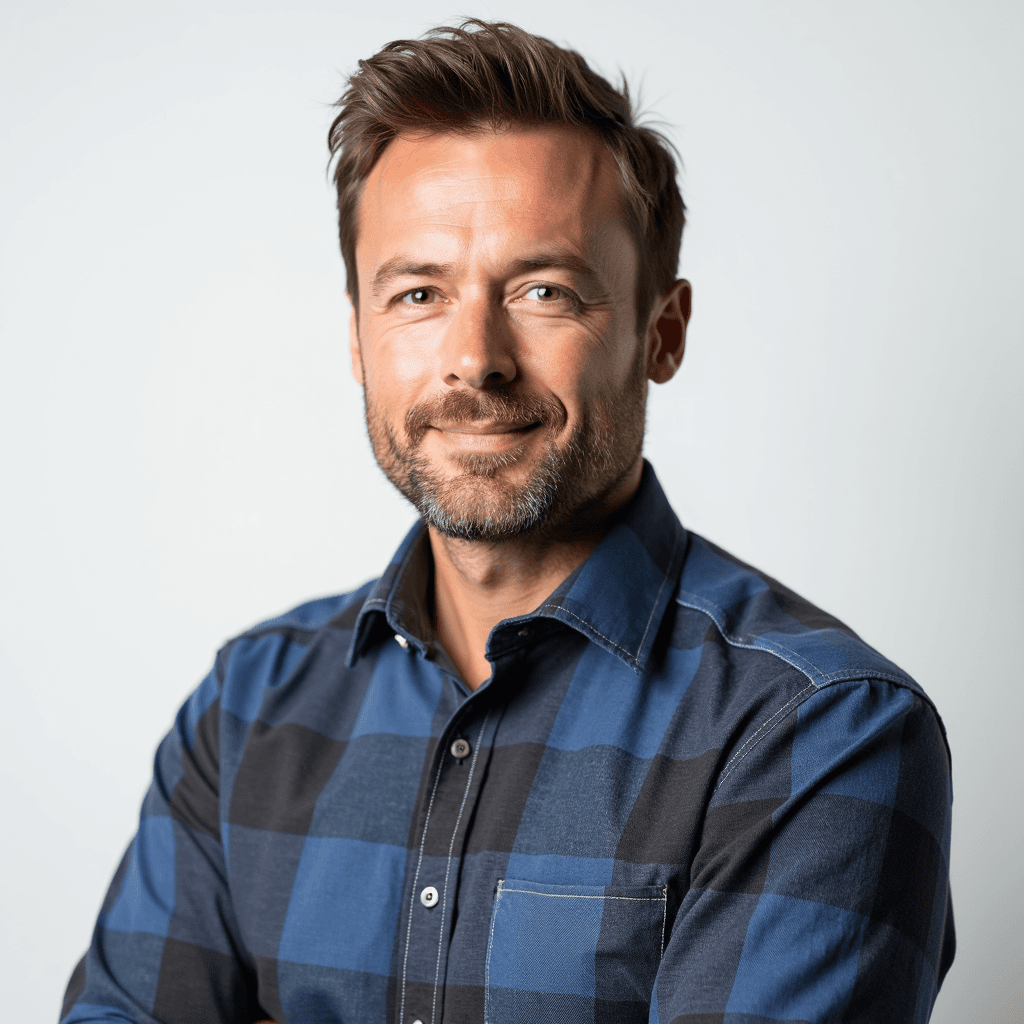 Male professional AI headshot wearing blue and gray flannel dress shirt