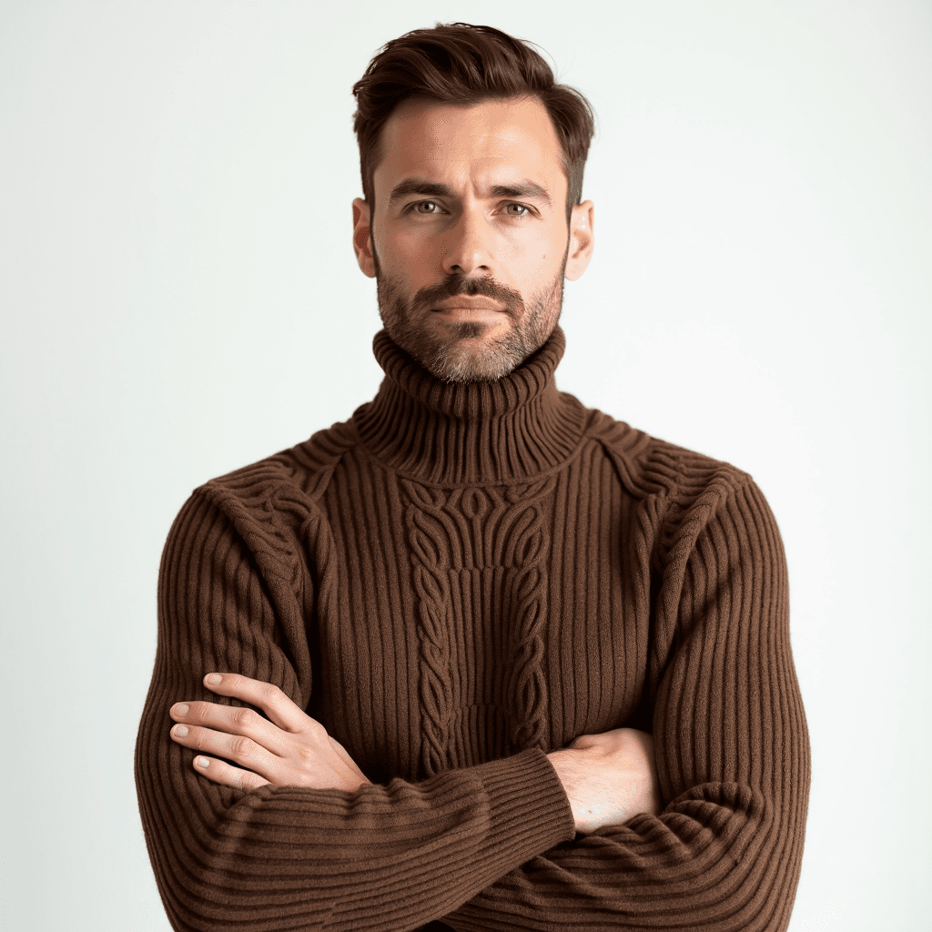 Male professional AI headshot wearing brown cable-knit turtleneck