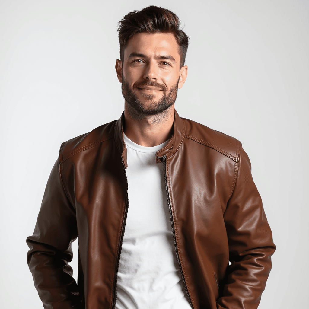 Male professional AI headshot wearing brown leather jacket over white tee