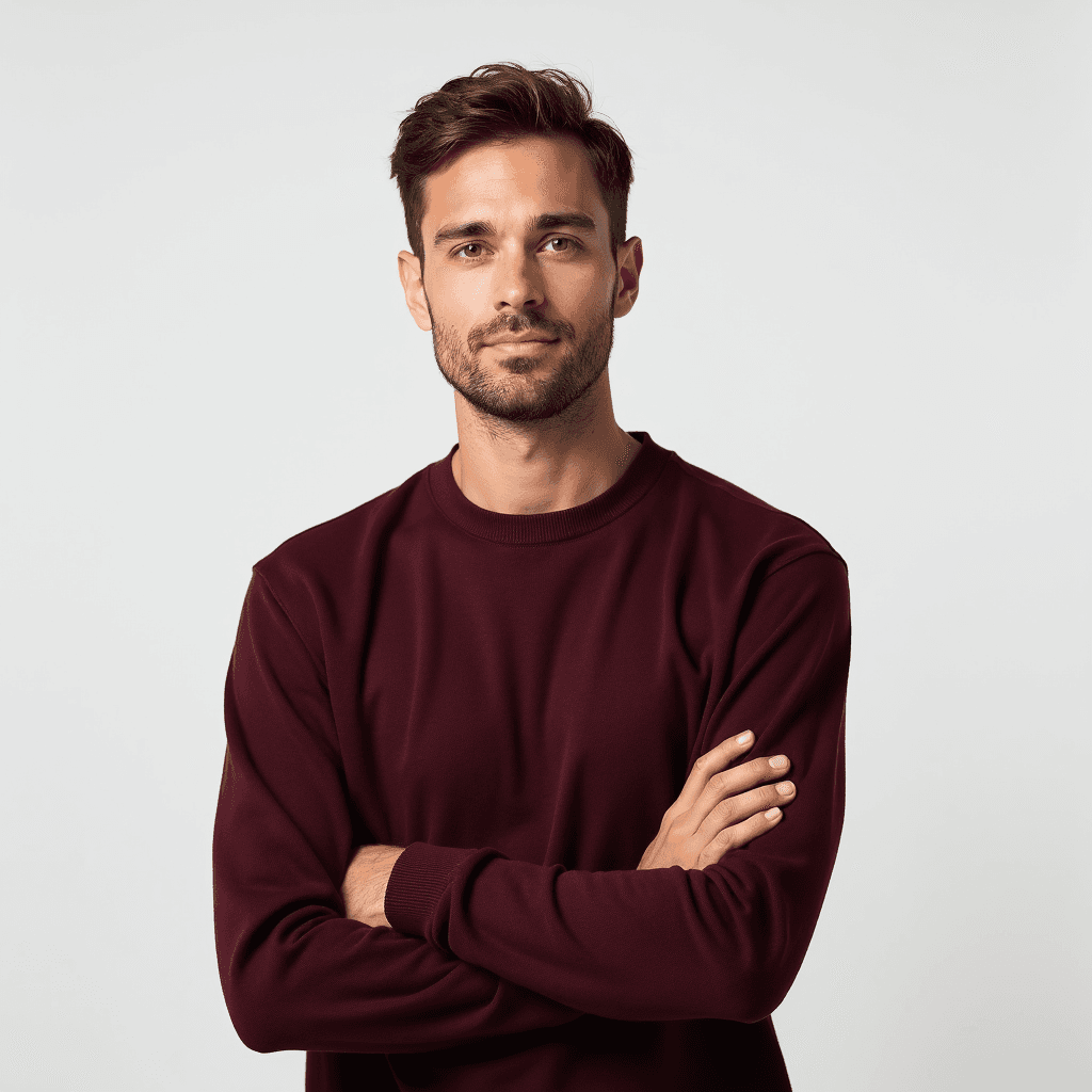 Male professional AI headshot wearing burgundy crew-neck sweater
